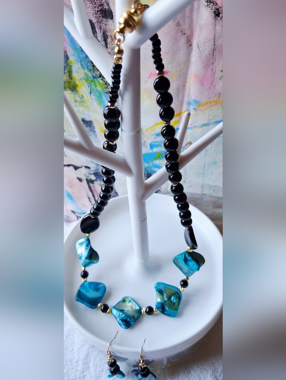 Black And Blue Shell Necklace And Earring Set-18k Gold Plated- Handmade